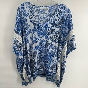 Susan Graver Liquid Knit Tunic Overlay Paisley Blouse Lace Trim Dolman Sleeve